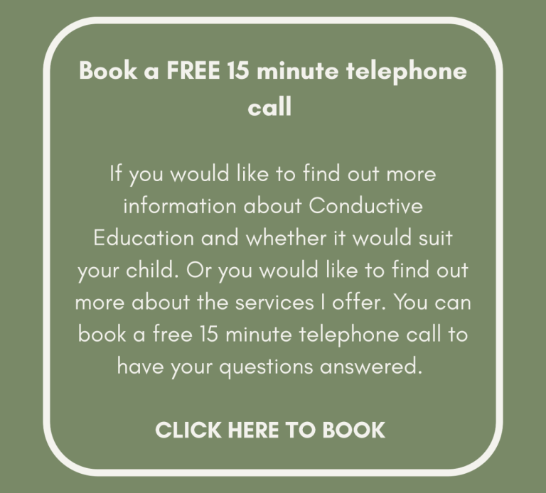 Text promoting a free 15-minute telephone call about Conductive Education services.