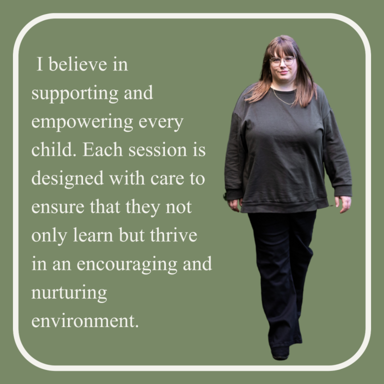 A woman in a grey sweater walking with text about supporting children’s development.
