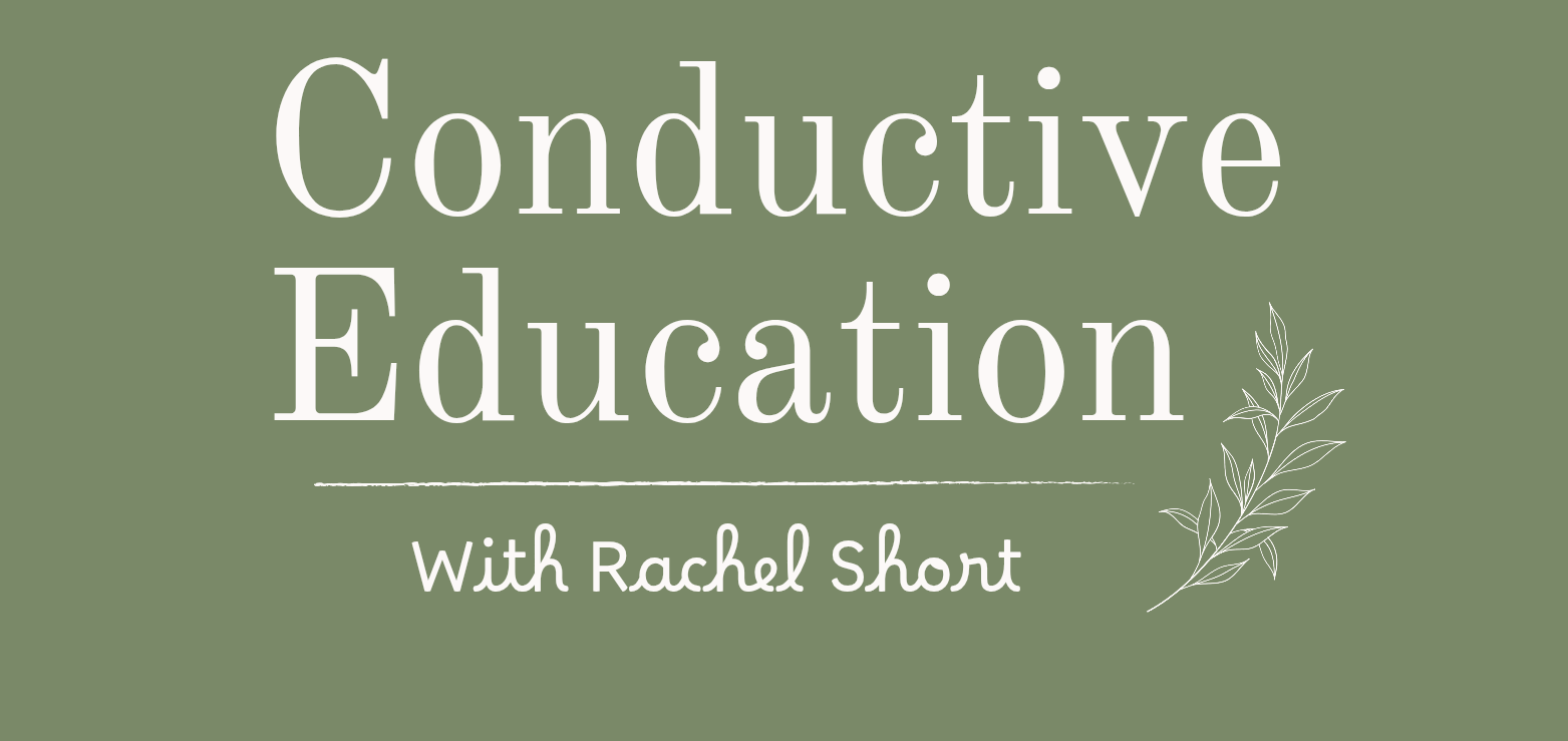 Text reads "Conductive Education with Rachel Shant" with a decorative plant illustration.